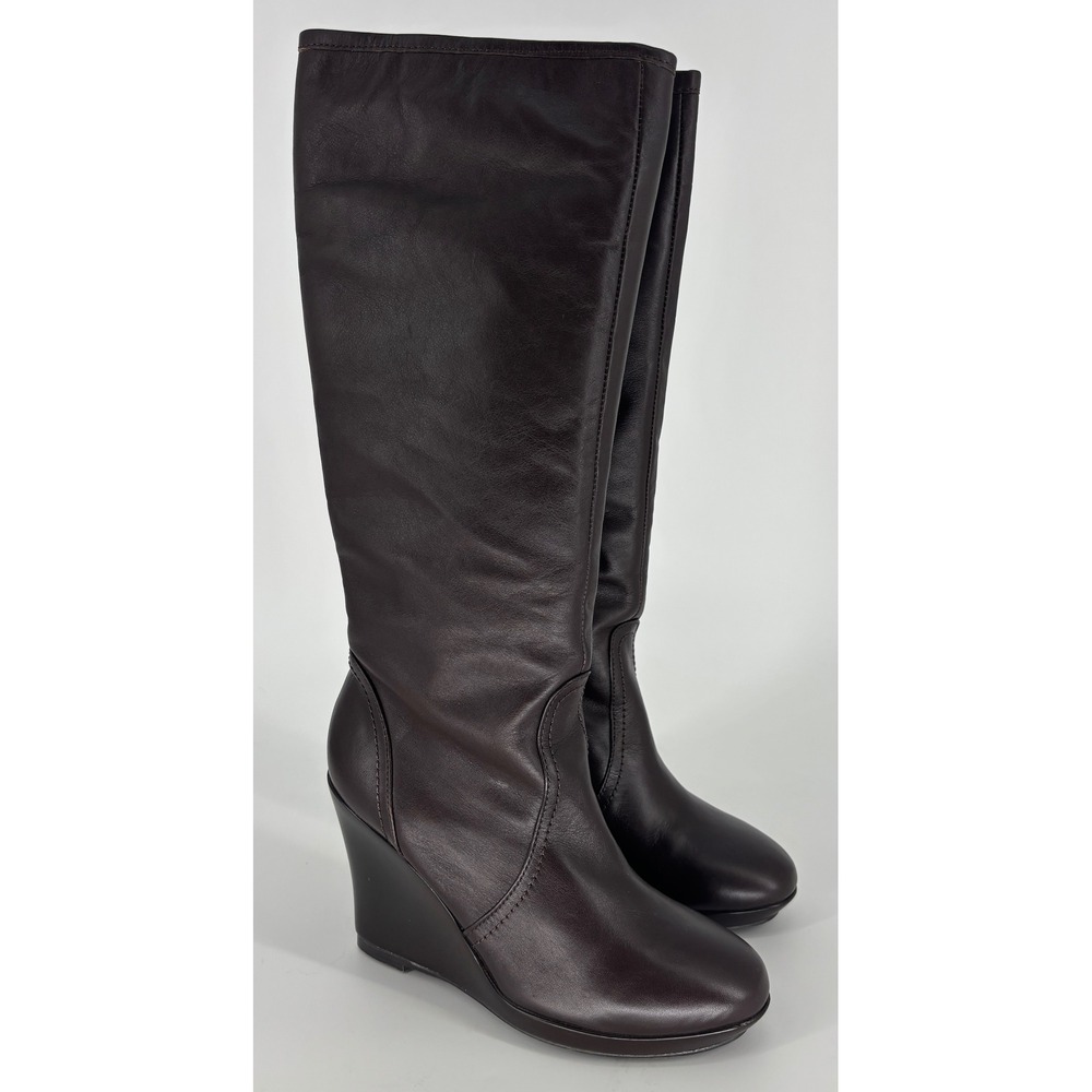 You by Crocs Leather Knee-High Wedge Boots Espresso Brown Women Size 6.5 Pull On